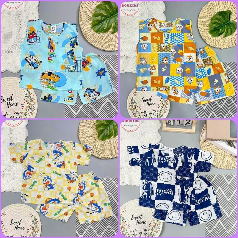 [SET 3 CÓ TAY + 2 SÁT NÁCH] Đồ Bộ mặc nhà  BÉ TRAI Vải Tole lanh 2 da loại 1 họa tiết hoạt hình size từ 5-50kg