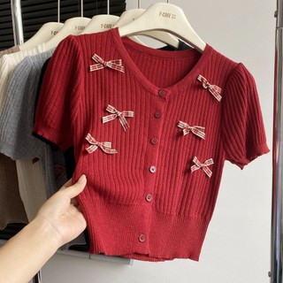 Ngọt Ngào Ba Chiều Nơ Ngắn Tay Dệt Kim Áo Len Nữ Mùa Hè Phong Cách Mới Pháp Nhỏ Hương Thơm Phong Cách Slim Fit Giảm Béo Ngắn Top
