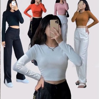 A201 Áo croptop tay dài ôm nữ nhiều màu trơn thun gân , áo thun crt body 100% cotton free size 40 đến 52 kg Jean Women