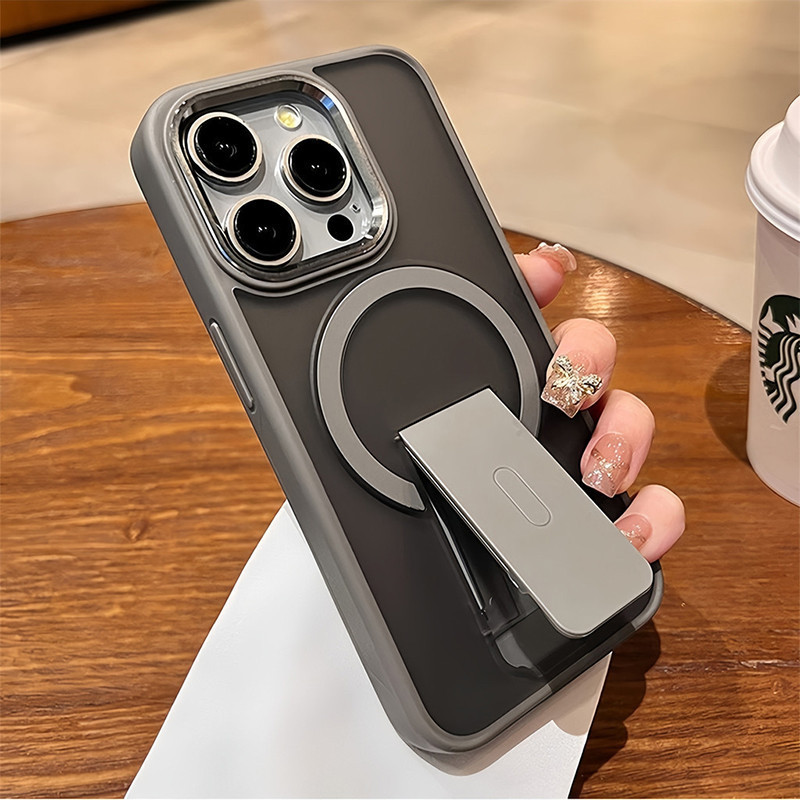Sang Trọng Ống Kính Kim Loại Lật Giá Đỡ Từ Tính Ốp Lưng Điện Thoại iPhone 16 15 14 13 12 11 Pro Max 16 Plus Chân Đế Mờ Chống Sốc Cứng Acrylic Cover