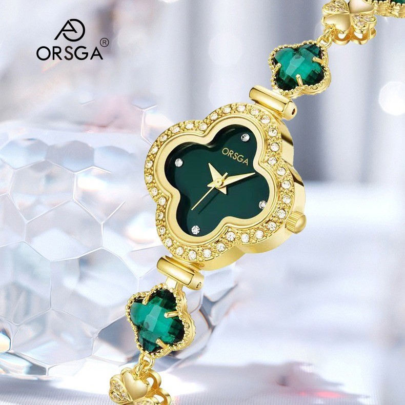Bộ đồng hồ nữ thời trang cỏ bốn lá Omega kim cương chính xác dây chuyền cao cấp đồng hồ thạch anh nữ