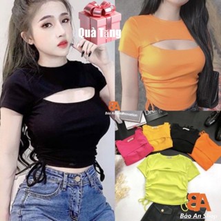 [A2] Áo croptop nữ rút dây eo kiểu khoét ngực cá tính ôm body chất vải thun gân len 4 chiều
