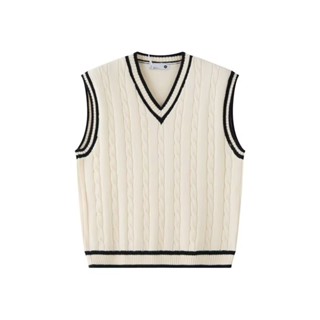 Mùa thu mới Hàn Quốc cổ chữ V xoắn sọc dáng rộng dệt kim không tay áo vest nam giản dị