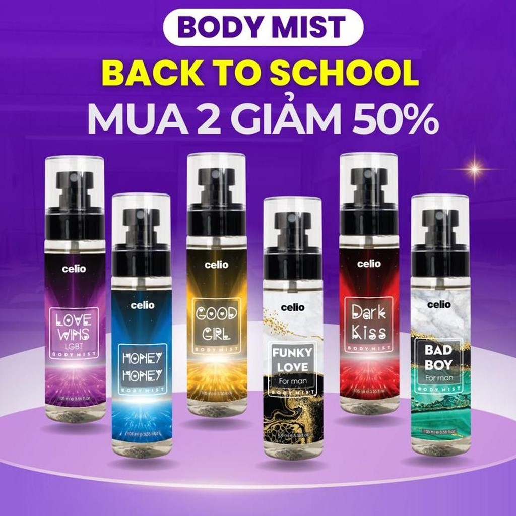 BODYMIST 105ml  Xịt Thơm Toàn Thân Nam Nữ CELIO Lưu Hương 6 Giờ - Nước Hoa Hẹn Hò, Đi Chơi, Đi Học
