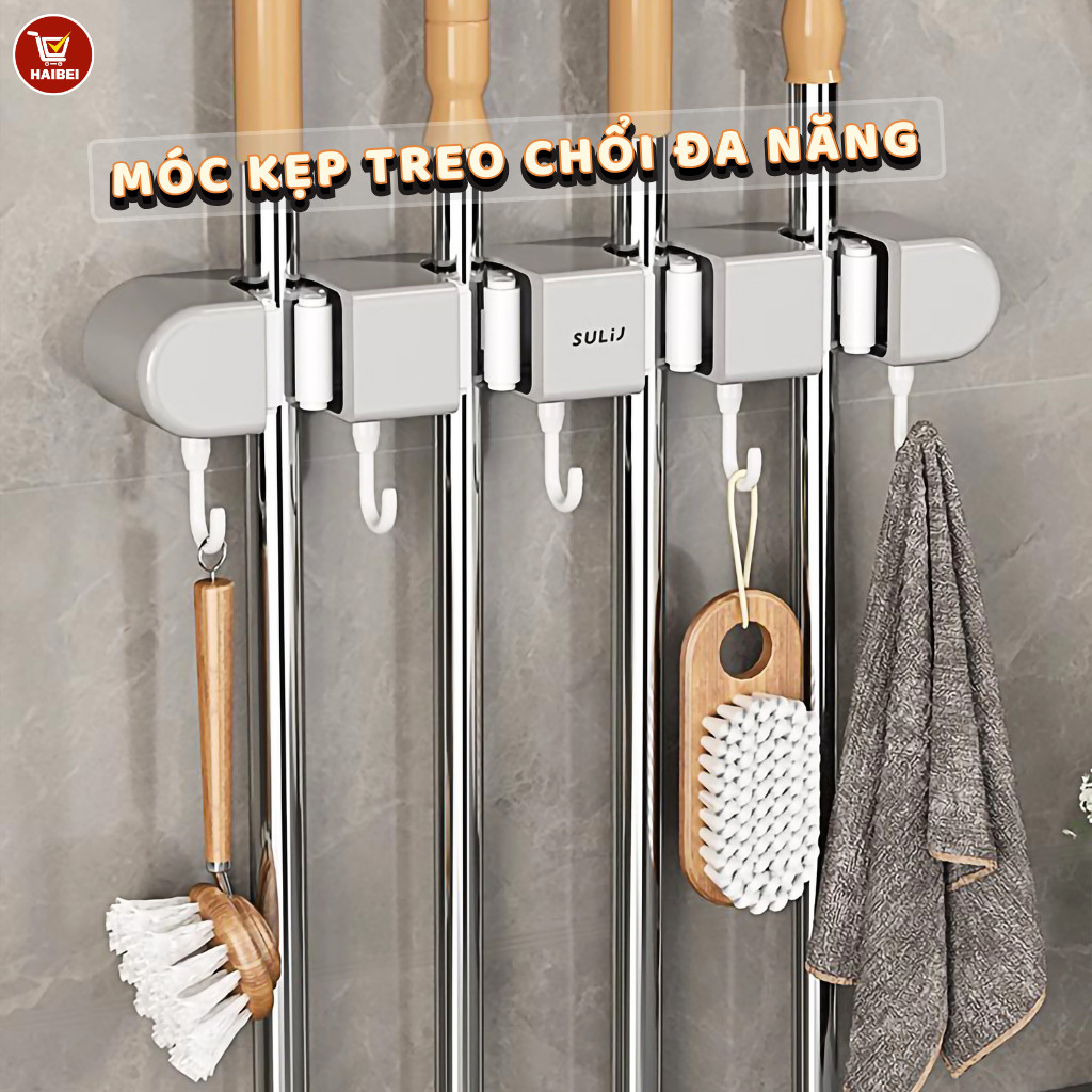 Kẹp treo chổi, cây lau nhà dán tường 2in1 kèm móc treo siêu chắc, Giá móc treo đồ đa năng dán tường chịu lực cao cấp