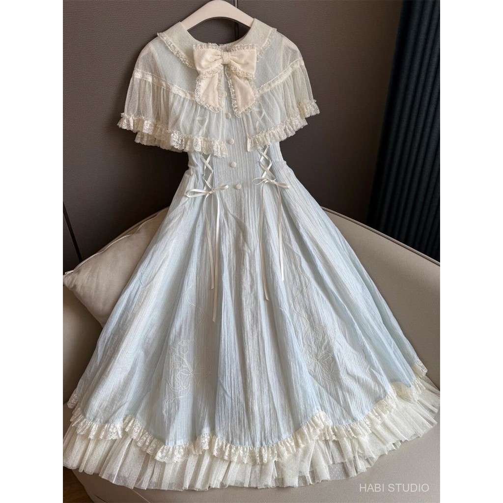 [Order] Đầm Dài Nữ Mùa Hè Phong Cách Lolita Phối Ren Và Nơ Chiết Eo Tôn Dáng Sang Trọng