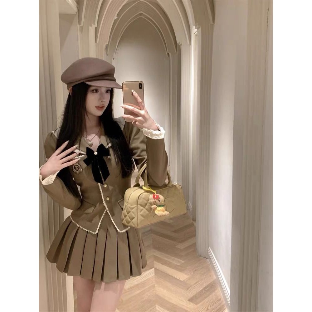 Bộ Đồ Phong Cách Học Đường Váy Ngắn Thắt Nơ Khí Chất Áo Khoác Nữ Chân Váy Xếp Ly Mùa Thu Bộ Hai Chiế