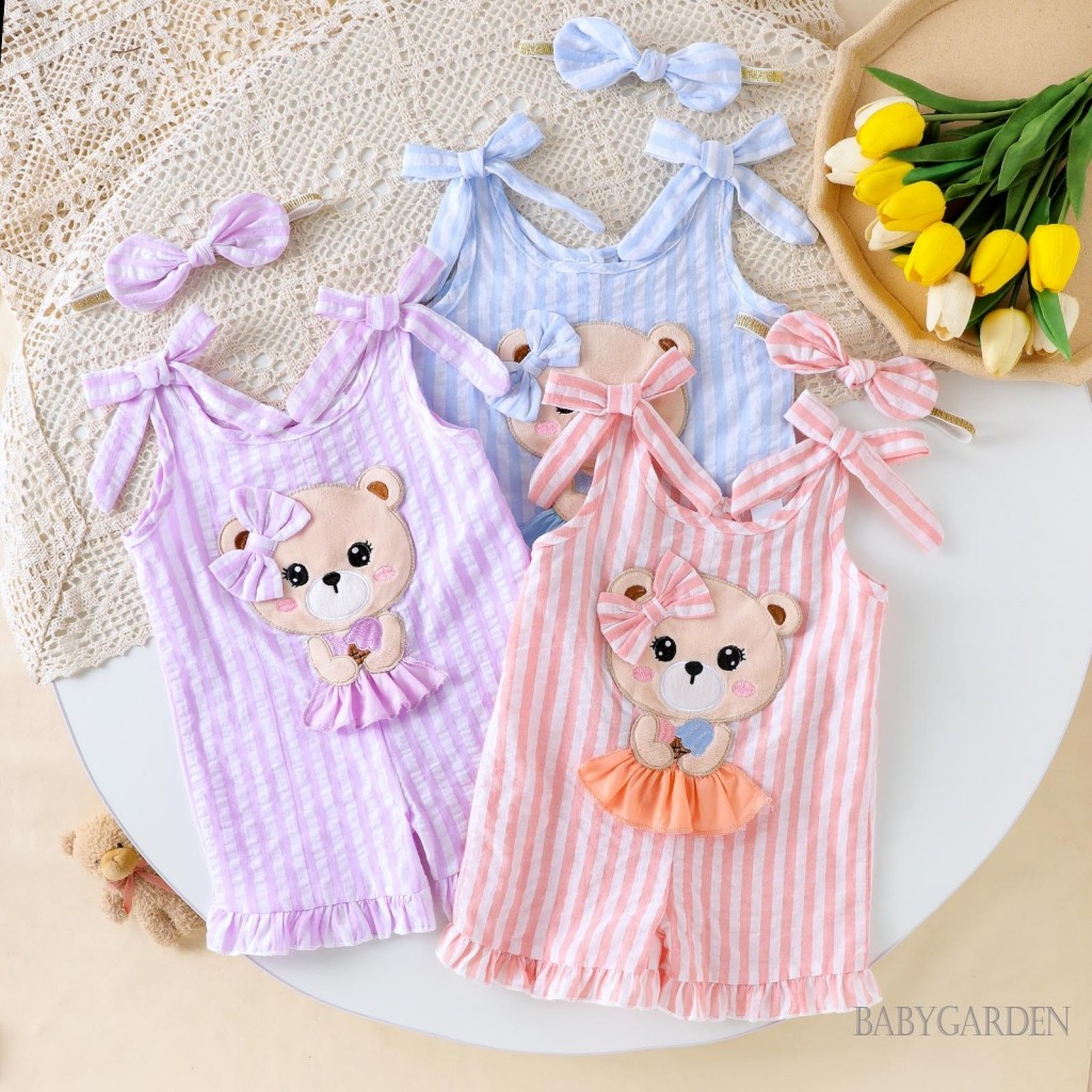 / / -6Month-4years Bé Gái Trang Phục Mùa Hè Không Tay Nơ Vai Ruffle Áo liền quần Có Băng Đô