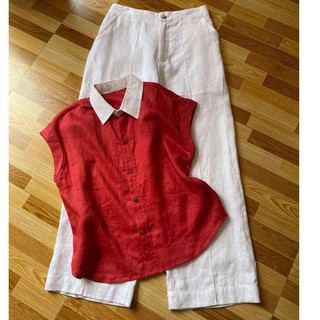  Sét Áo Ngắn Tay Áo Sát Nách Đỏ Kèm Quần Nữ Linen Dài Qua Gối Quần Dáng Suông Nữ Trắng Tiêu,Đi Biển Đi Chơi Du Lịch S79 