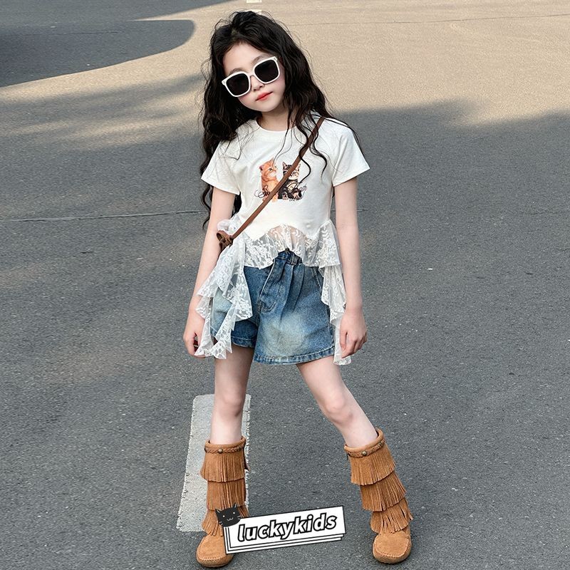 Thời trang trẻ em bé gái hoạt hình mèo in ren áo ngắn dễ thương bé gái áo thun ngắn tay mỏng