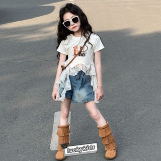 Thời trang trẻ em bé gái hoạt hình mèo in ren áo ngắn dễ thương bé gái áo thun ngắn tay mỏng