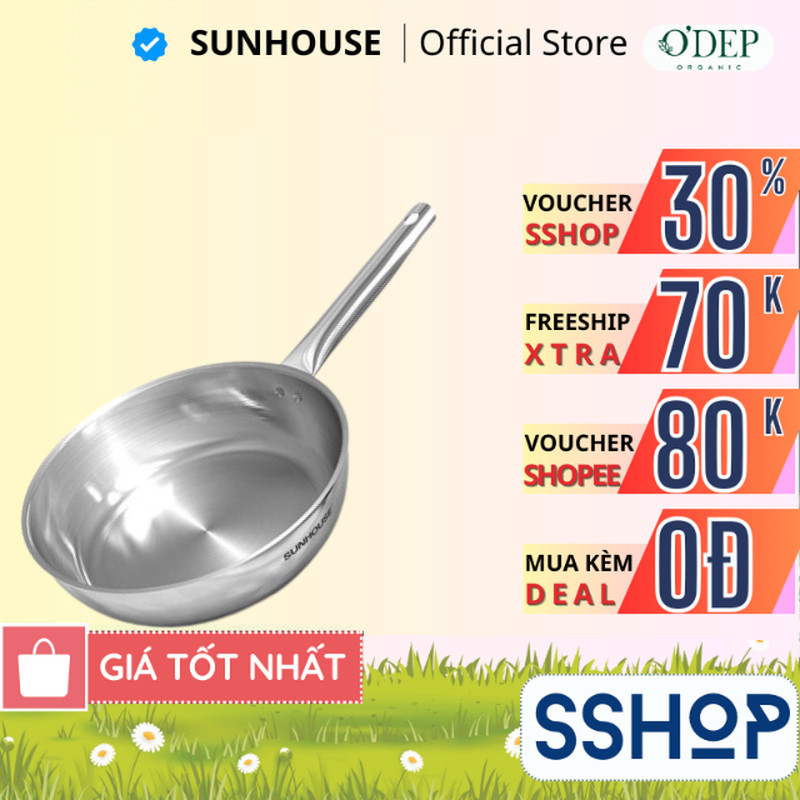 Chảo inox 304 đa lớp Sunhouse IN20M6 - IN24M6 - IN26M6 20-24-26cm dùng với mọi loại bếp - SSHOP SSA