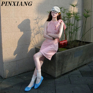 Pinxiang Váy kẻ sọc không tay quây nữ quấn nơ váy hông