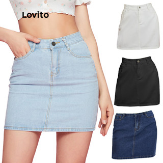 Lovito Váy lưng cao có túi màu trơn đơn giản L09090 (màu đen/xanh dương nhạt)