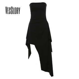 Vesglory Nữ Mini Đầm 2024 Thời Trang Màu Trơn Cổ Một Chữ Ống Top Không Đều Đầm