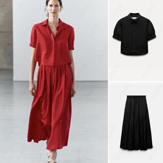 Zara 24 Mùa Hè Phong Cách Mới Phù Hợp Với Phong Cách Châu Âu Mỹ Ve Áo Sơ Mi Tay Ngắn + Viền Rộng Quạt Váy Sáo2731067 2731062