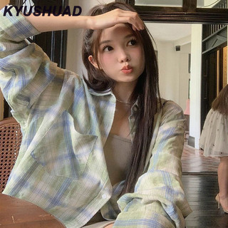 Kyushuad Áo sơ mi bé gái kẻ sọc cổ polo dài tay vừa dài dáng rộng thường ngày