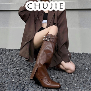 CHUJIE giày nữ boot cao cổ nữ bốt cao cổ Đẳng cấp Độn đế Lịch lãm Điểm nhấn FMT2470ERV 29Z240720