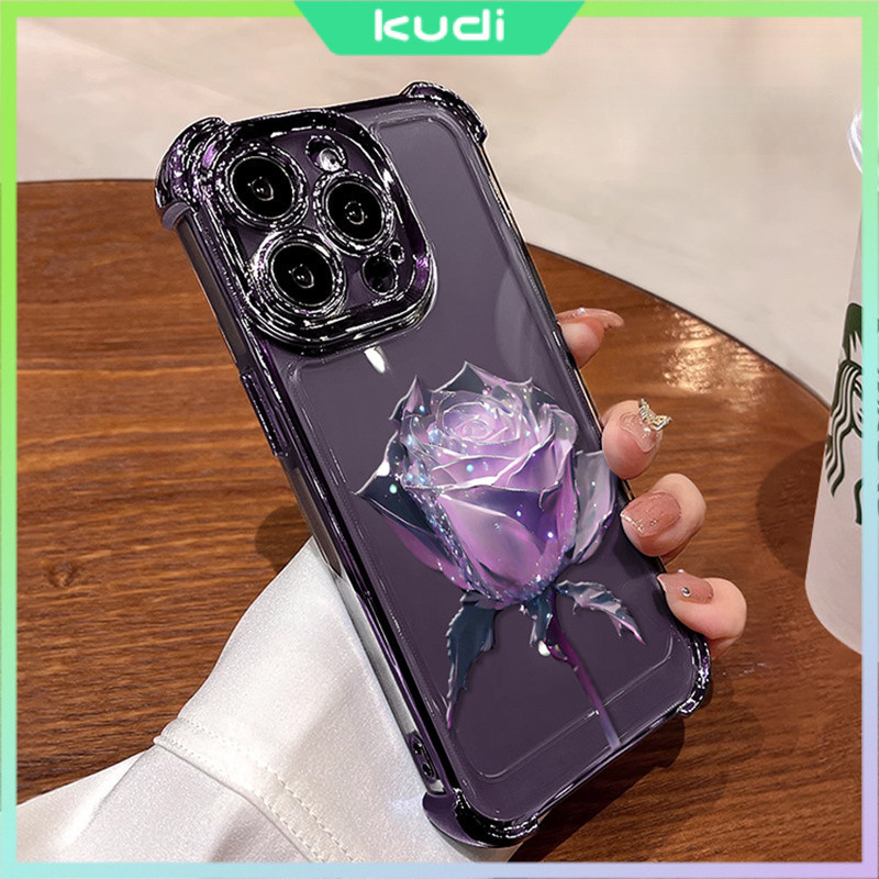 Ốp điện thoại Apple bốn dây mạ điện-Pemium Silver-Purple Rose Apple Vỏ bảo vệ điện thoại chống sốc trong suốt Bao gồm tất cả các vỏ bảo vệ điện thoại chống sốc Thích hợp cho IPhone14promax, IPhone 15plus, IPhone15pro, IPhone15154 13 12 11