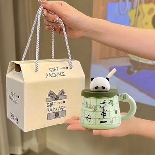  Cốc uống nước cốc sứ hình gấu trúc dễ thương làm quà sinh nhật quà tặng 400ml+Ống hút thuỷ tinh XMB 