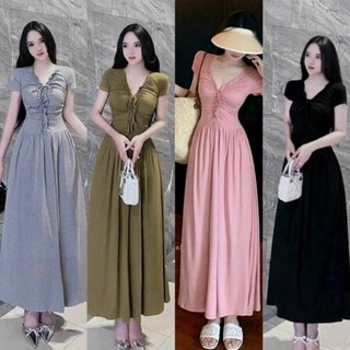 Đầm body dáng xòe cổ v phối bèo thắt nơ 409