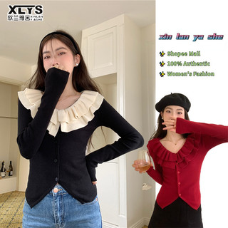 Xin LAN YA SHE Áo len nữ phong cách Pháp Hepburn cổ sen áo len giảm béo cardigan
