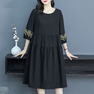 Đầm trung niên cho mẹ dáng dài Bigsize Váy lanh tay ngắn cổ tròn Họa tiết thêu vintage Thời Trang Cao Cấp