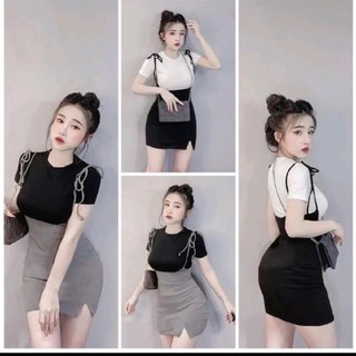 Sét đầm yếm cột dây vai xẻ hông kèm áo thun cổ tròn tay ngắn phom croptop mã n3