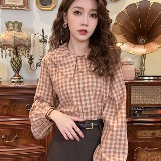 Yuewen Áo Sơ Mi Kẻ Sọc Cổ Búp Bê Phổ Biến Nữ Áo Sơ Mi Dài Tay Đầu Xuân Hồng Kông Top