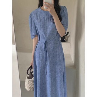 Hàn Quốc Hàn Quốc sang trọng Mùa hè Retro Tính khí toàn màn hình Thiết kế hoa buộc dây eo hẹp thon gọn hơn Váy ngắn tay