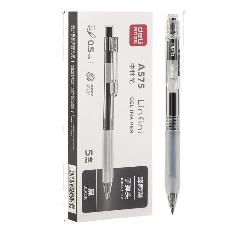 Hộp 5 bút Deli A575 ngòi 0.5mm có ruột refill S221 chính gốc mực đen tiện lợi ghi chép bài vở