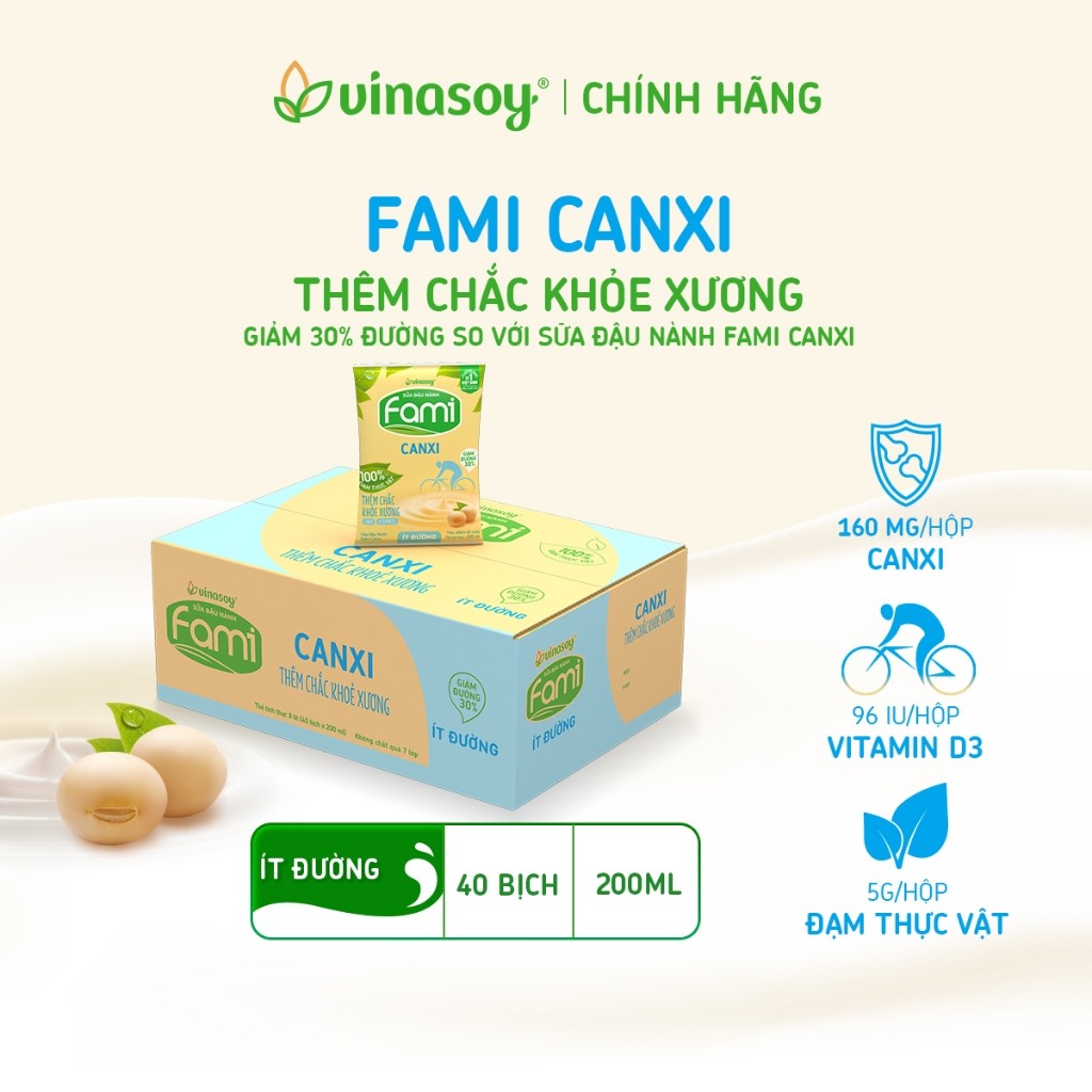 Thùng sữa đậu nành Fami Canxi ít đường (40 bịch x 200ml)