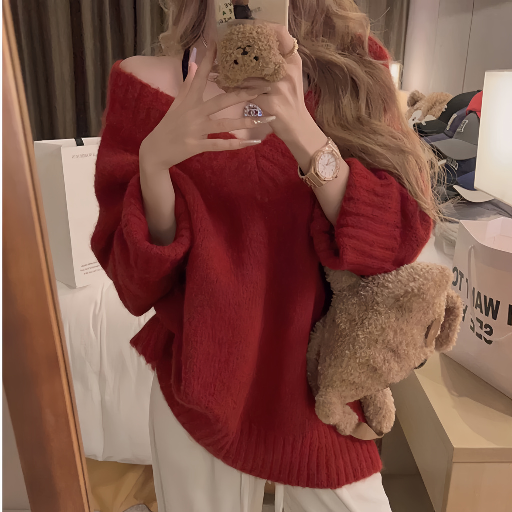 Áo len đỏ Áo noel tết cổ chữ V cao cấp phong cách lười Áo dệt kim dễ phối mặc ngoài rộng rãi mẫu mới 2024 | BigBuy360 - bigbuy360.vn