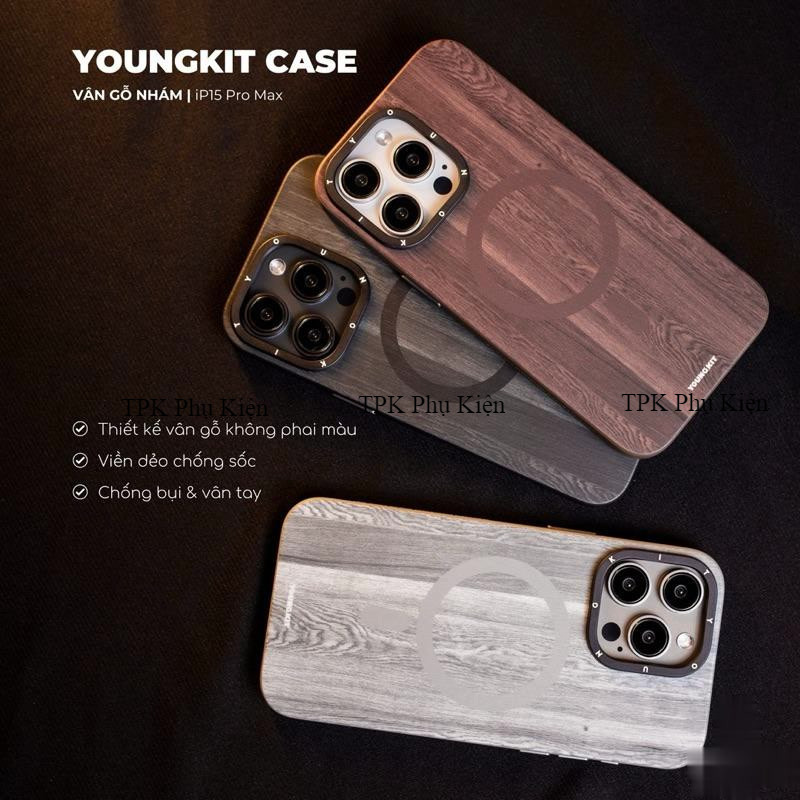 Ốp lưng Youngkit Original Wooden Texture vân gỗ / cho iPhone 14 / 15 Pro Max , Hỗ trợ sạc không dây