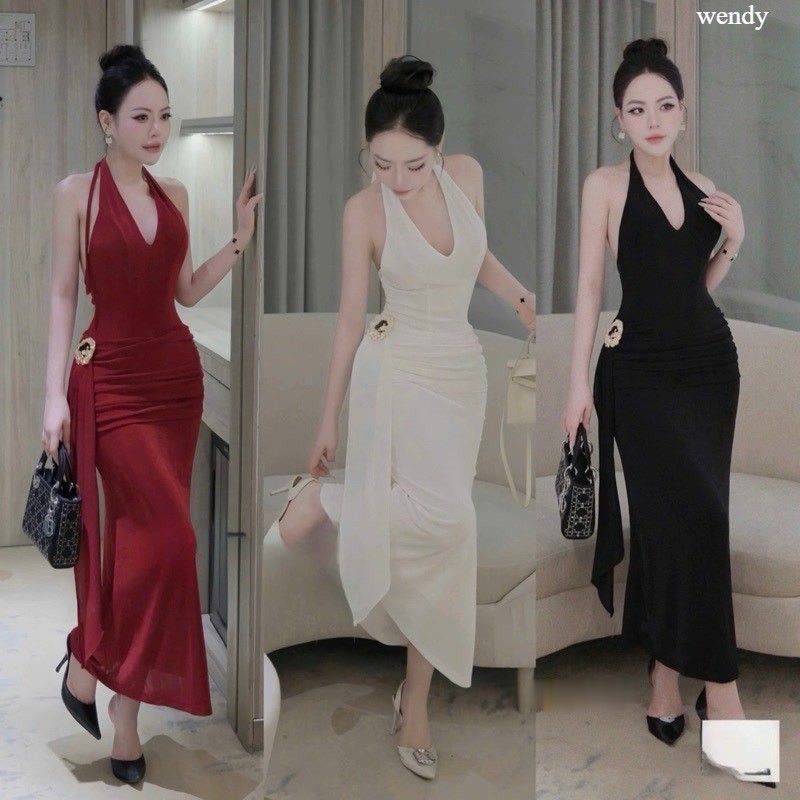 đầm yếm cổ đổ dáng dài đính khoen tà bên dáng dài chất ladong mềm, đầm body dự tiệc siêu tôn dáng  w