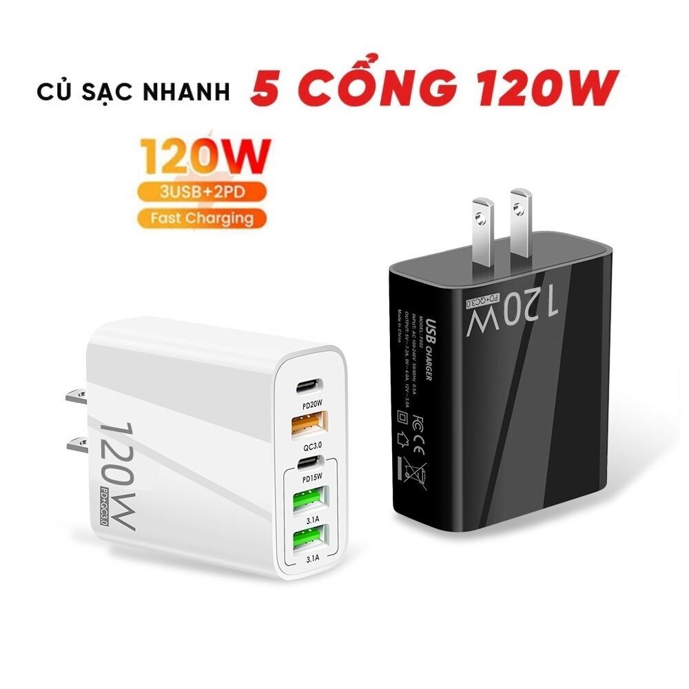 Cốc Sạc Nhanh Travel Charger  Củ Sạc Nhanh 120W 5 cổng GaN Sạc nhanh 5 in 1 Fast Charger Set ( 3 USB