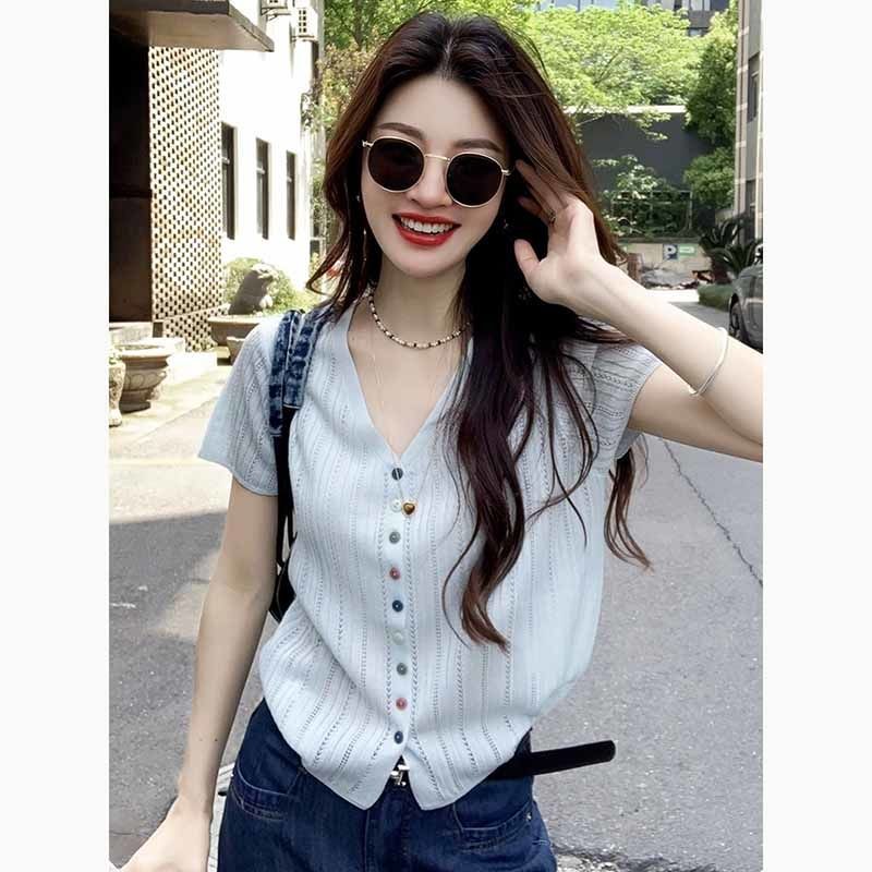 Áo Cardigan Ngắn Tay Màu Sắc Tươi Sáng Thiết Kế Cổ Chữ V Mỏng Phong Cách Mới Mùa Hè | BigBuy360 - bigbuy360.vn