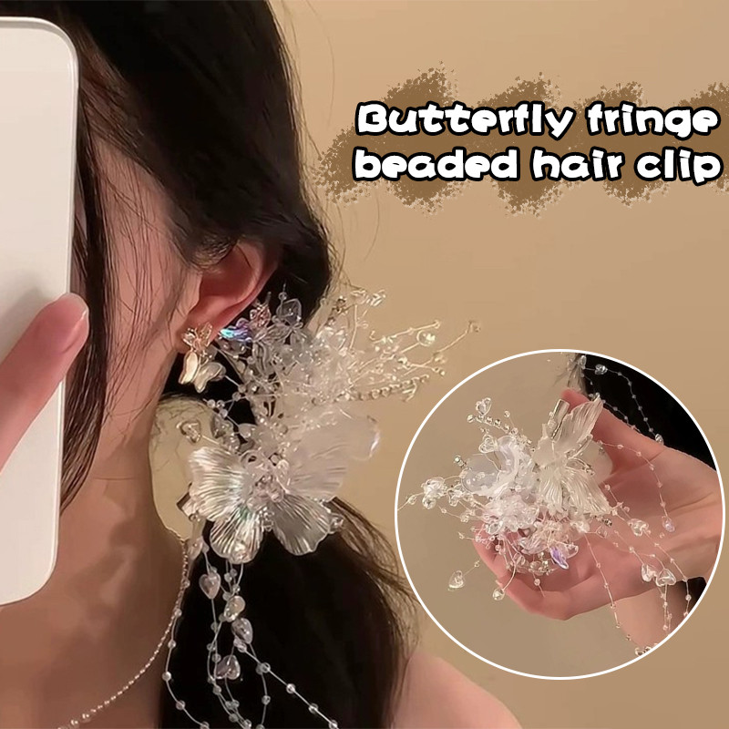 Super Immortal Headdress Forest Style Crystal Hair Clip Women Butterfly Tassel Beaded Hair Clip