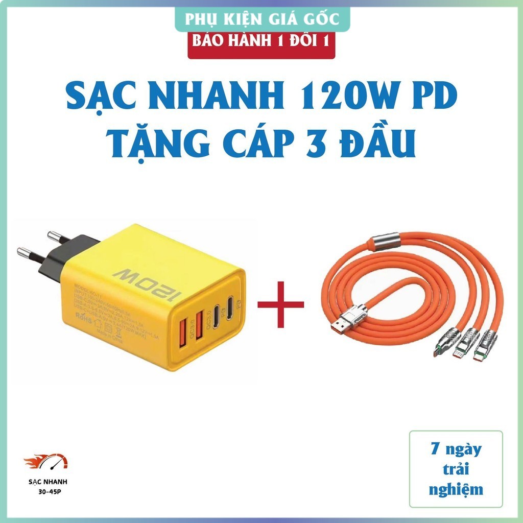 Củ sạc nhanh 4 cổng, 120W: 2 cổng Type C và 2 cổng USB – Tặng cáp sạc nhanh 3 đầu - Cốc sạc nhanh 12