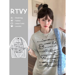 「RTVY」Áo thun ngắn tay màu xám hoa mùa hè dáng rộng cổ tròn in hình