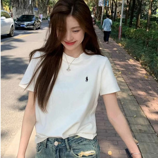 2024 Nhãn Mới Thêu Cổ Tròn Ngắn Tay Áo Thun Slim-Fit Trắng Mùa Hè Top
