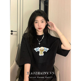 Xiaozhainv Đen Retro [mới] Áo thun Cotton ngắn tay in hình LAbububu Áo thun nữ thiết kế mùa hè Sense Thời trang đơn giản Áo nửa tay