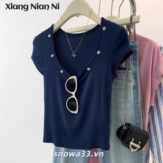 Xiang Nian Ni Vai Chữ U Cổ Áo Thun Nữ Tay Ngắn Cổ Lớn Thiết Kế Mỏng Mới Top