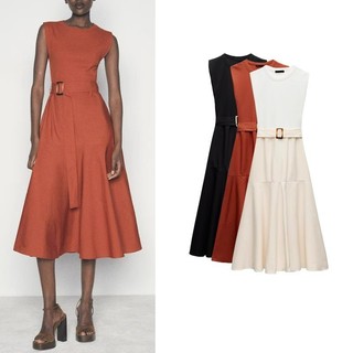 Zara Mùa Hè Phong Cách Mới Váy Vest Nữ Cổ Tròn Đen Không Tay Phong Cách Dài Với Thắt Lưng Khâu Đầm 0264636