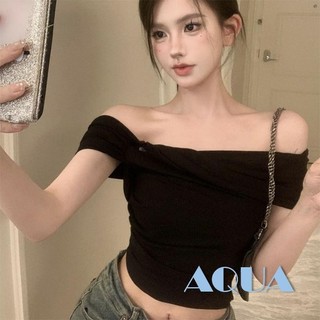 Anana-áo thun xoắn không đều mùa hè dành cho nữ Áo thun ngắn tay màu trơn lệch vai