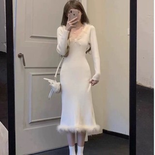 Váy Liền Cổ Lông Thú Khí Chất Thuần Khiết Mẫu Mới Váy Dài Tôn Dáng Thắt Eo Thắt Nơ Ôm Sát Cổ Chữ V Tôn Dáng Gầy