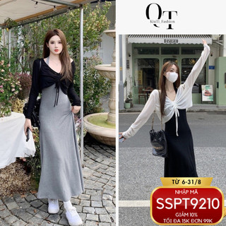 Đầm maxi dáng dài cô yếm kèm áo khoác nhẹ hoặc mặc kiểu hở lưng đều đẹp, Váy maxi đuôi cá vải tăm Hàn cao cấp