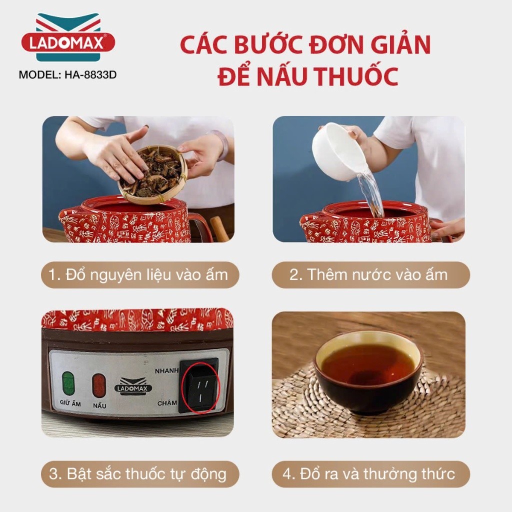 Ấm Sắc Thuốc LADOMAX HA- 8833D 3,3L Có Chuông Báo Mâm Nhiệt Inox Giữ Ấm 2 Chế Độ Nấu bh 12 Tháng | BigBuy360 - bigbuy360.vn