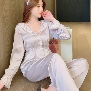 2024 Phong Cách Mới Ice Silk Bộ Đồ Ngủ Thoải Mái Xuân Thu Đông Nữ Cao Cấp Tính Khí Dài Tay Bộ Đồ Hai Mảnh Lụa Loun