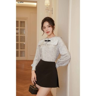 Áo Sơ Mi Ghi Phối Nơ Đen Dài Tay Lụa Đũi Cao Cấp Mềm Mại Thời Trang - LIIN Clothing - SMD647PRI-S24